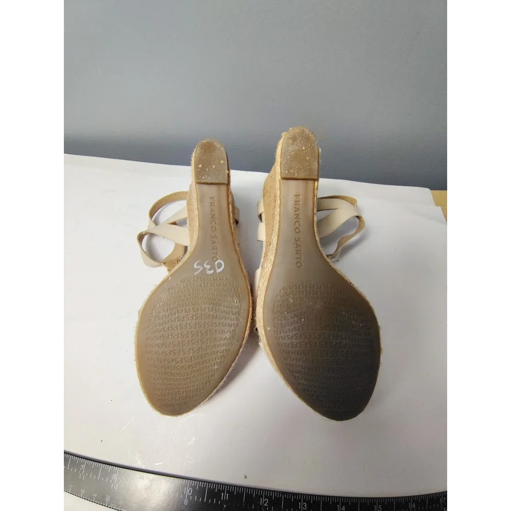 Franco Sarto Womens‎ Cream Leather Braided T-Strap Cork Espadrille Wedge Sandals